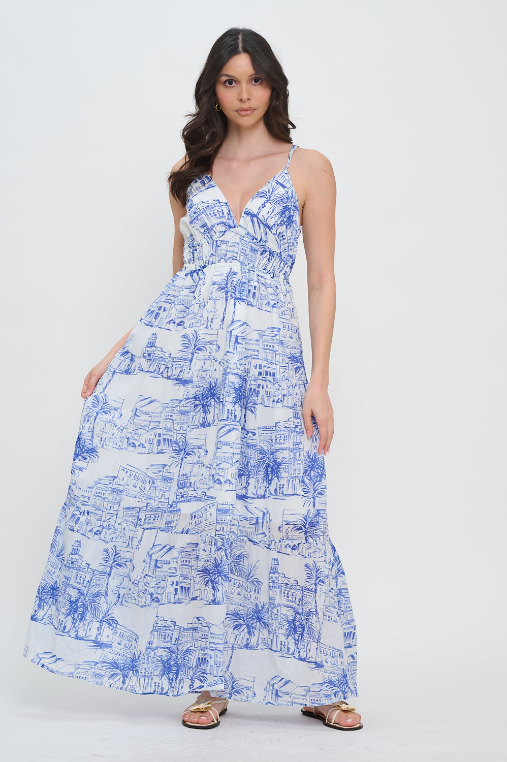 Santorini Coastal Sketch Maxi Dress