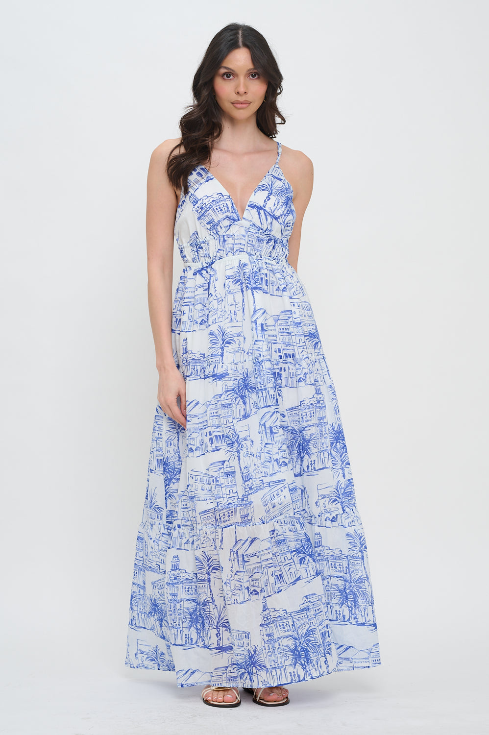Santorini Coastal Sketch Maxi Dress