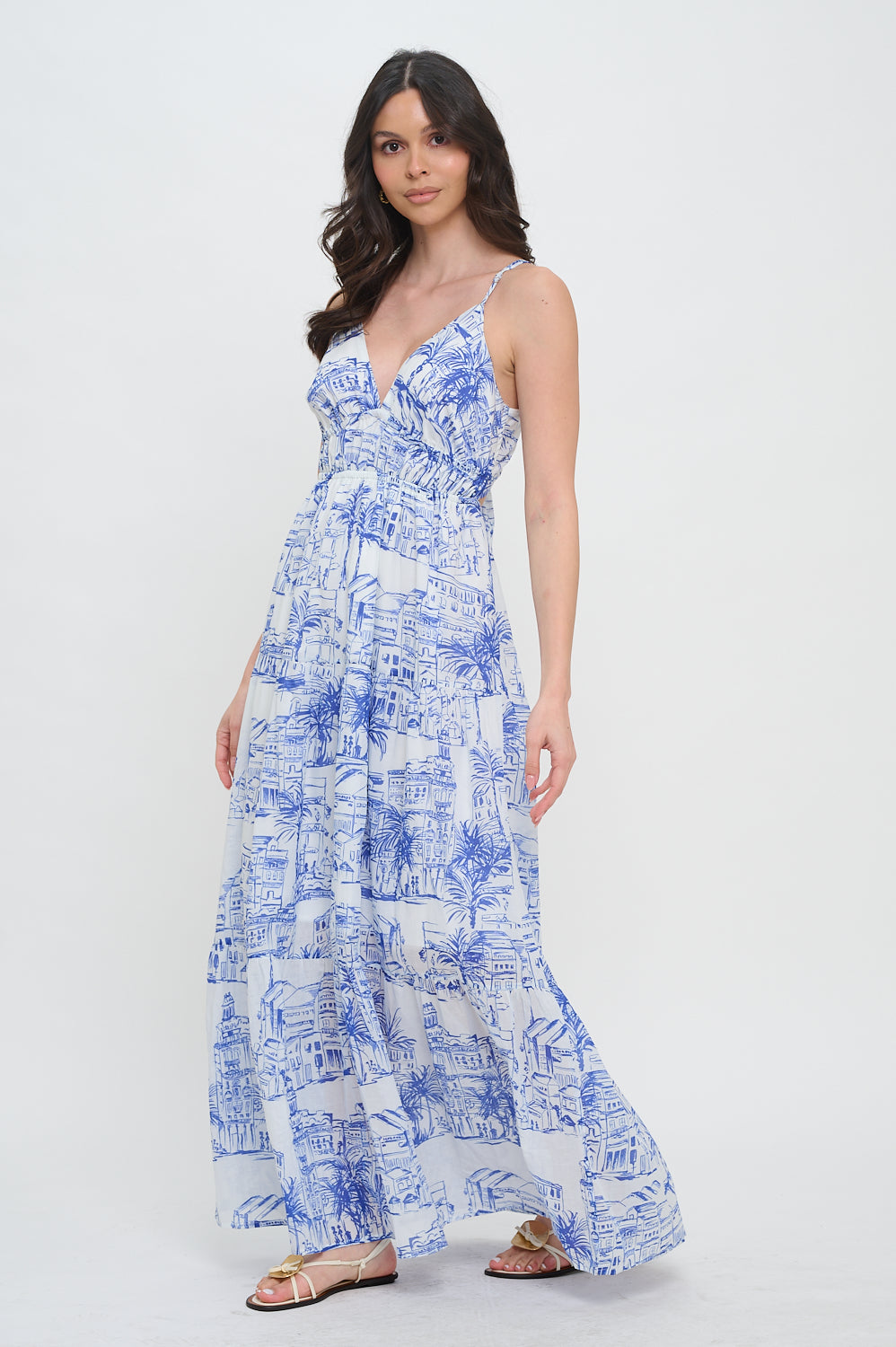 Santorini Coastal Sketch Maxi Dress