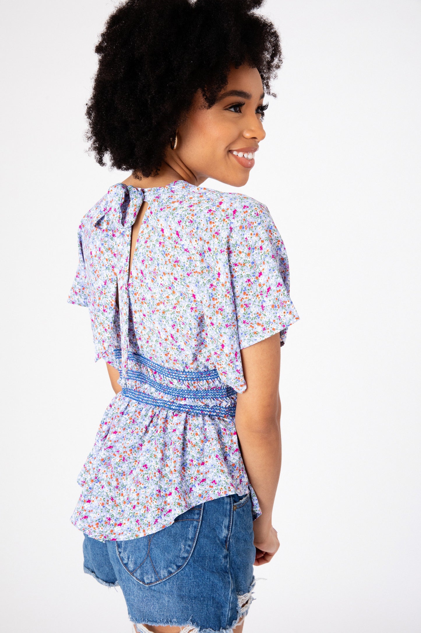 Blue Ditsy Paige Top, Blue Ditsy, women's top, floral print, resortwear style, smocked detail by Meet Me in Santorini