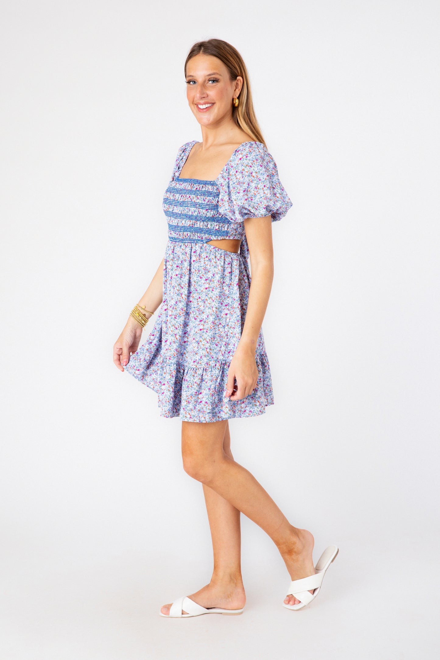 Blue Ditsy Ariel Dress, Blue Ditsy, women's mini dress, floral print, abstract print, resortwear style by Meet Me in Santorini