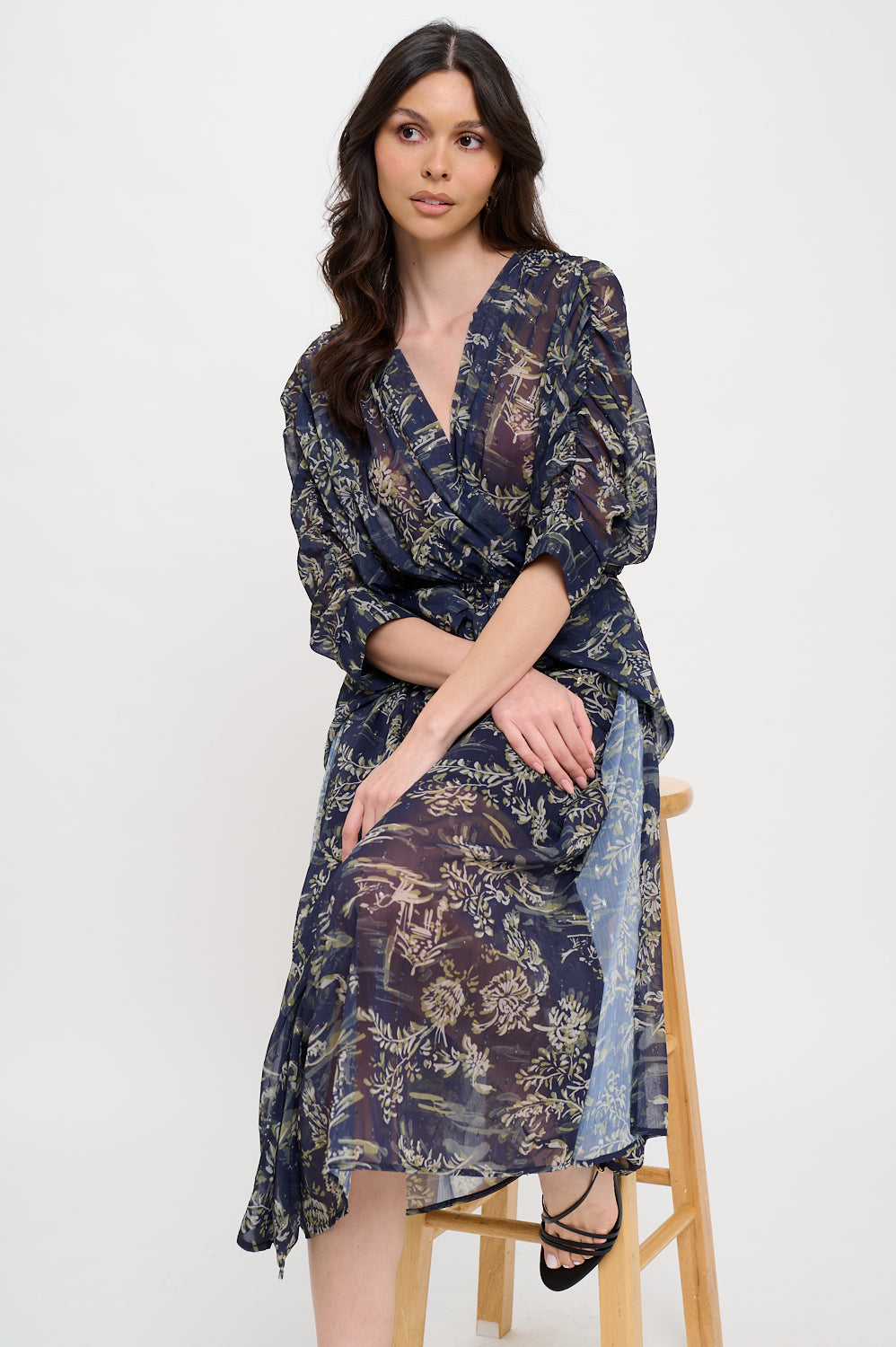 Model wearing sheer printed wrap maxi dress with tie waist and high-low hem