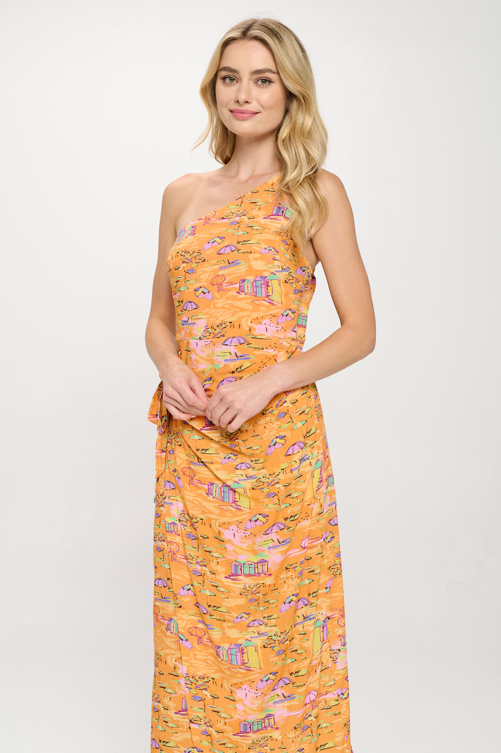 Golden Shoreline One Shoulder Wrap Midi Dress