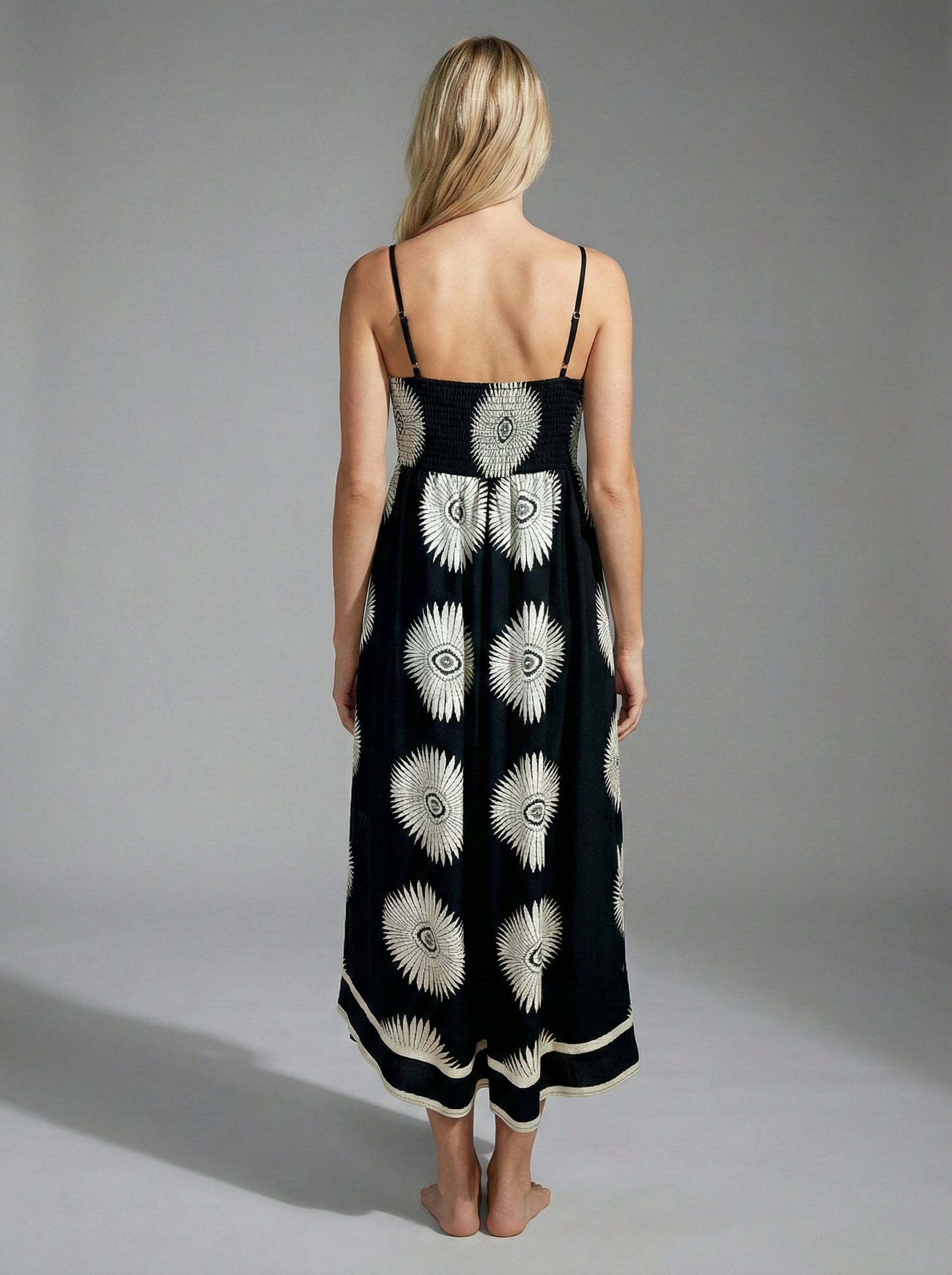 Lunar Bloom Floral Medallion Smocked Maxi Dress
