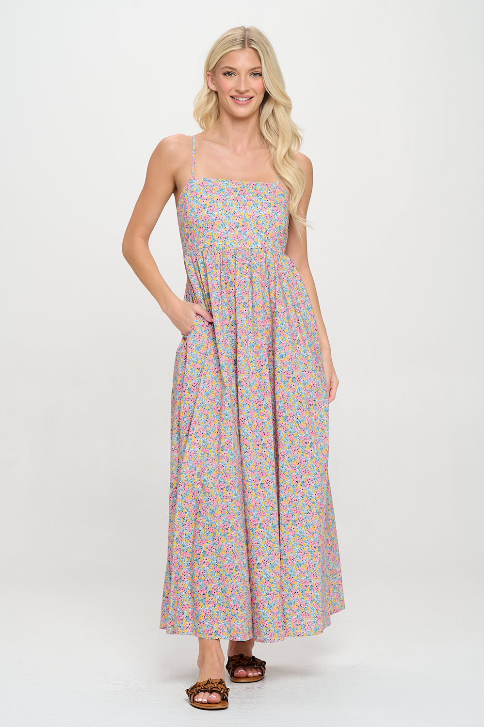 Mykonos Meadow Maxi Dress, Mykonos Meadow, women's maxi dress, floral print, resortwear style, sleeveless silhouette by Meet Me in Santorini