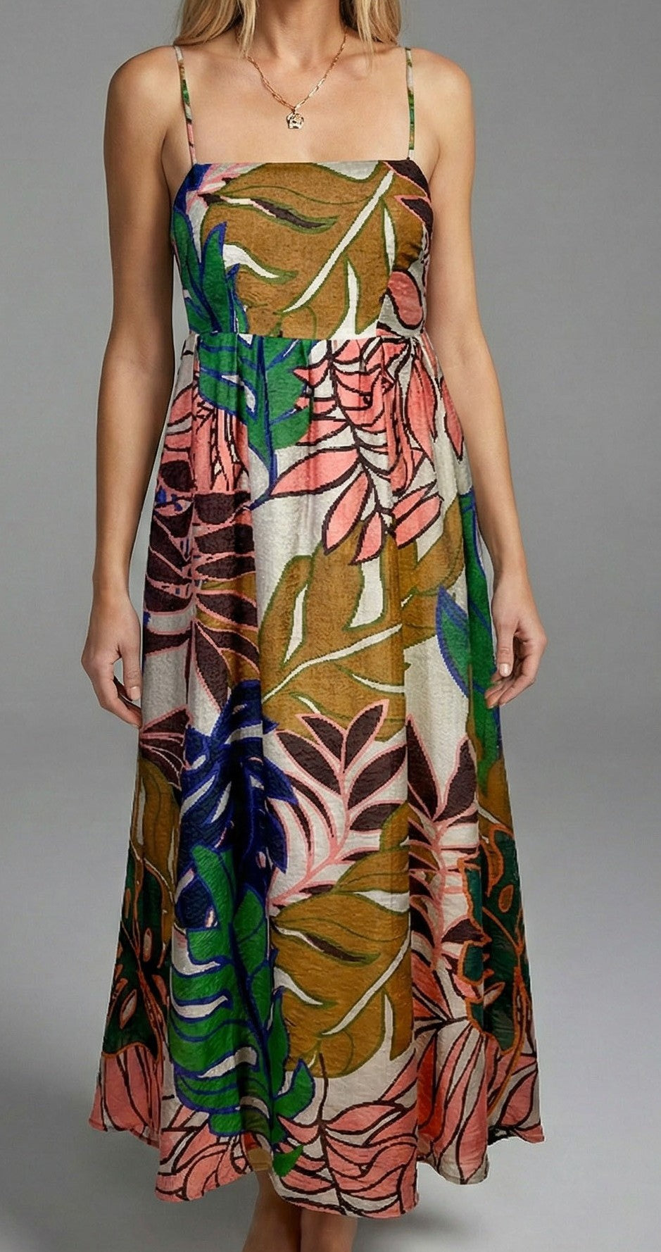 Tropical Botanical Print Smocked Maxi Dress