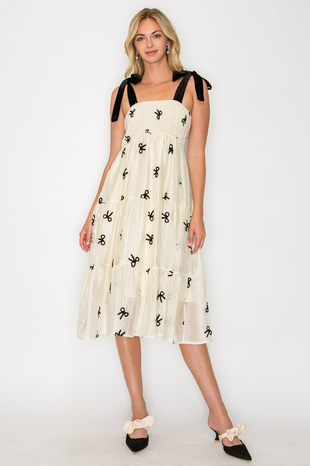 Organza Bow Velvet Tie Midi Dress