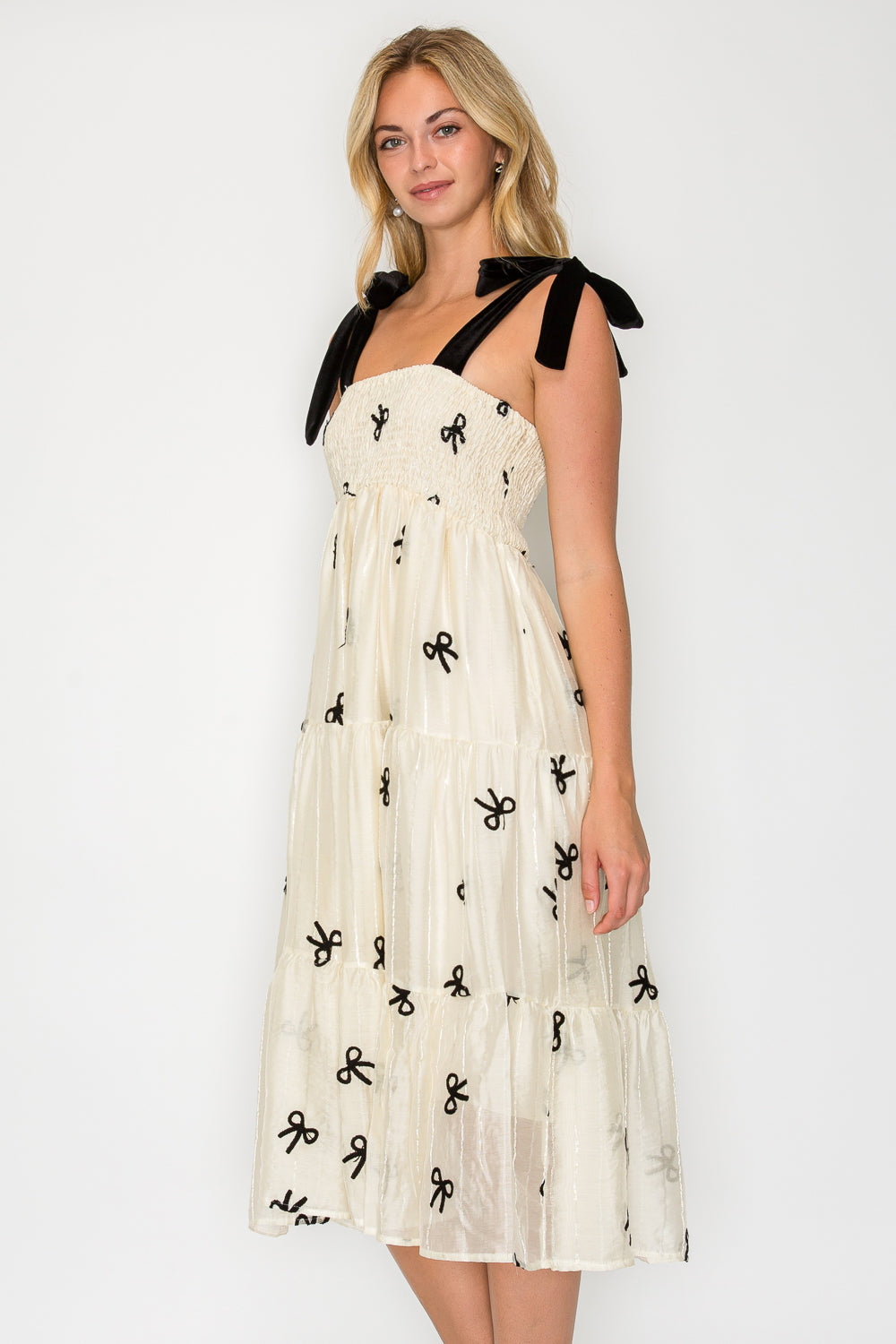 Organza Bow Velvet Tie Midi Dress