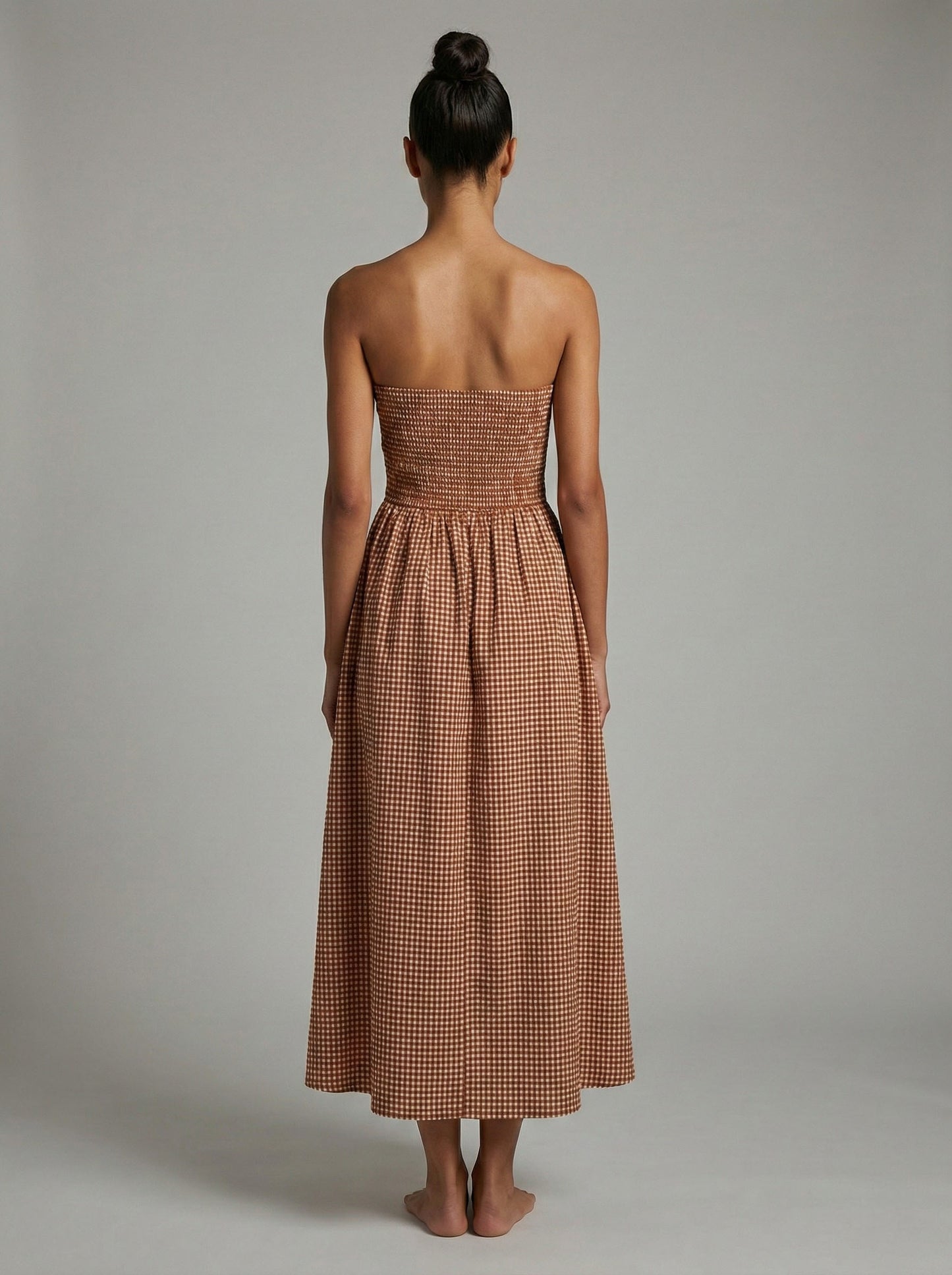 Terracotta Check Smocked Strapless Maxi Dress
