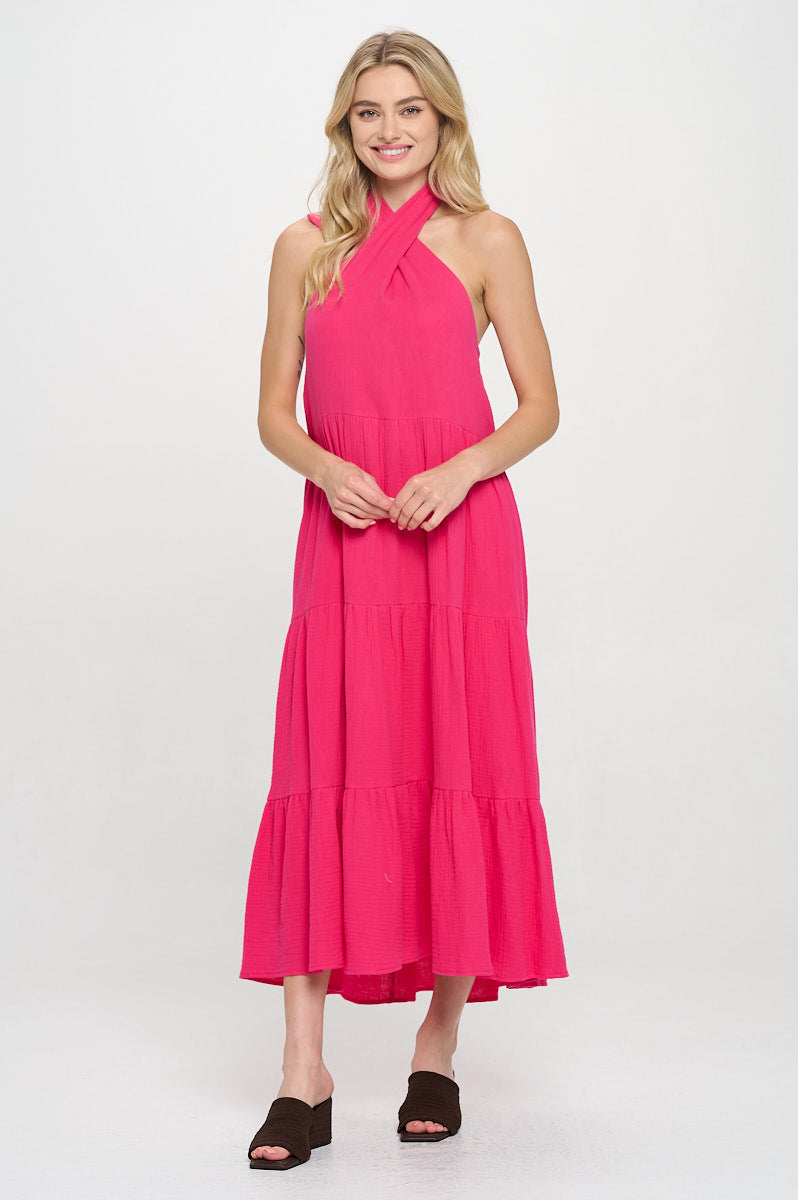 Fuchsia Island Halter Maxi Dress