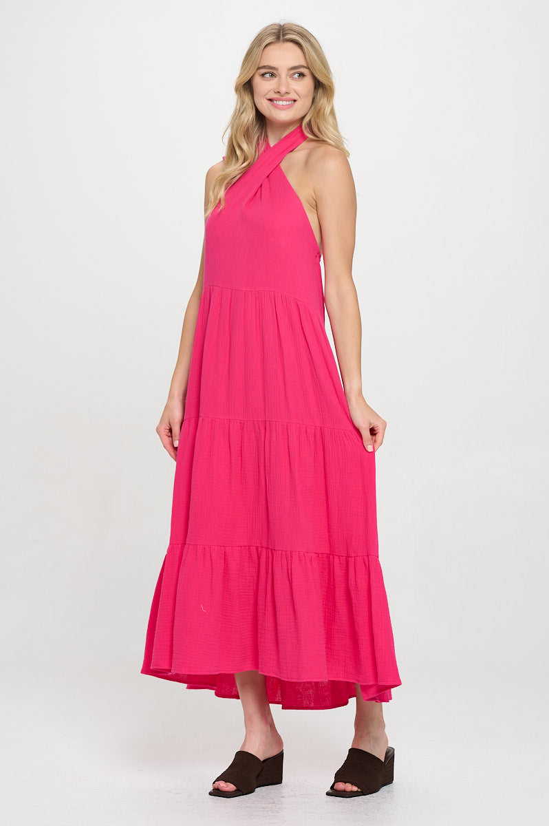 Fuchsia Island Halter Maxi Dress