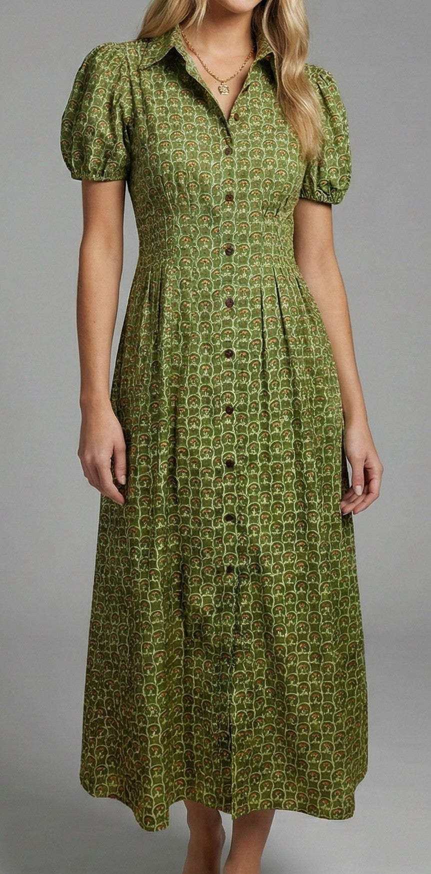Olive Lotus Print Button Front Midi Dress