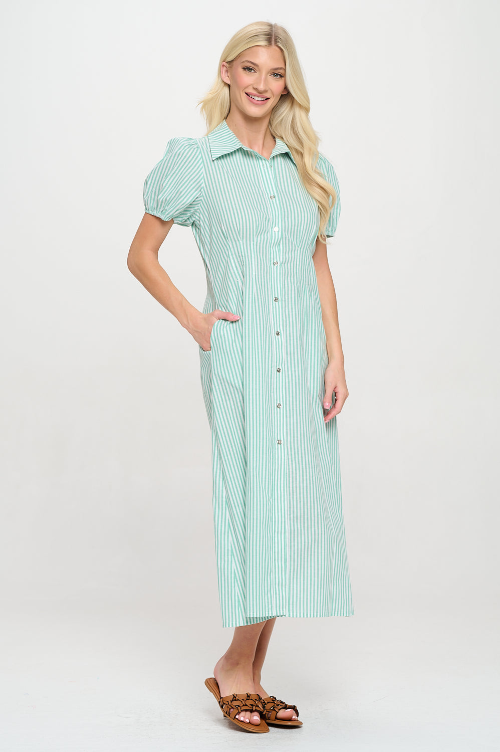 Mediterranean Stripe Button Down Shirt Dress