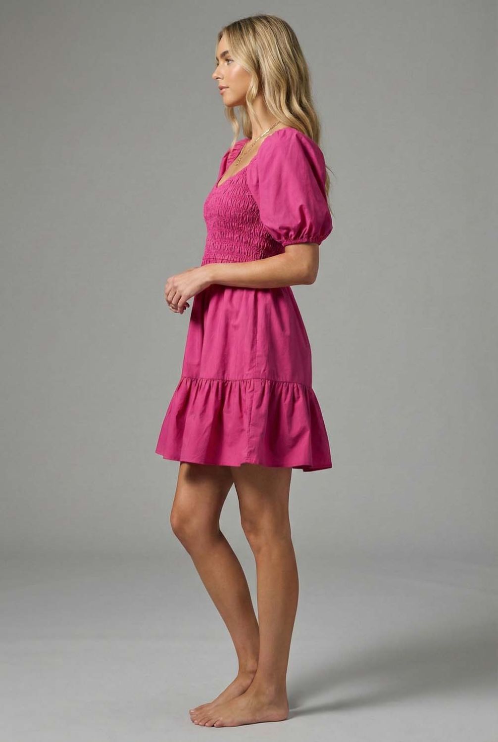 Deep Pink Smocked Puff Sleeve Mini Dress