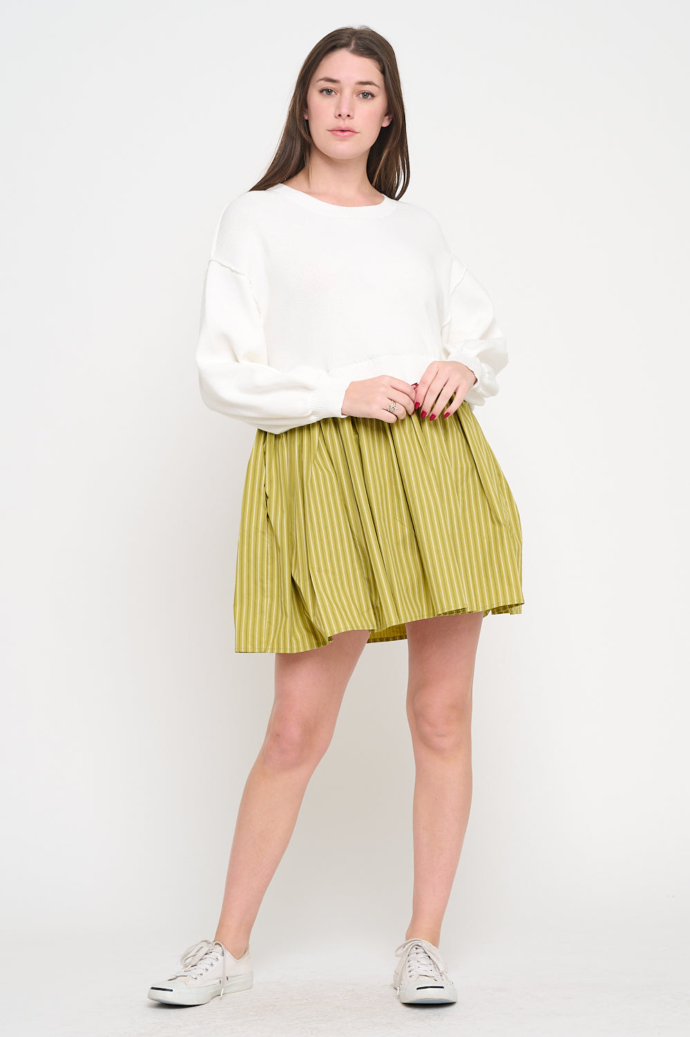 Model wearing Olive Stripe Poplin Two-Fer Dress with knit bodice and A-line striped poplin skirt.