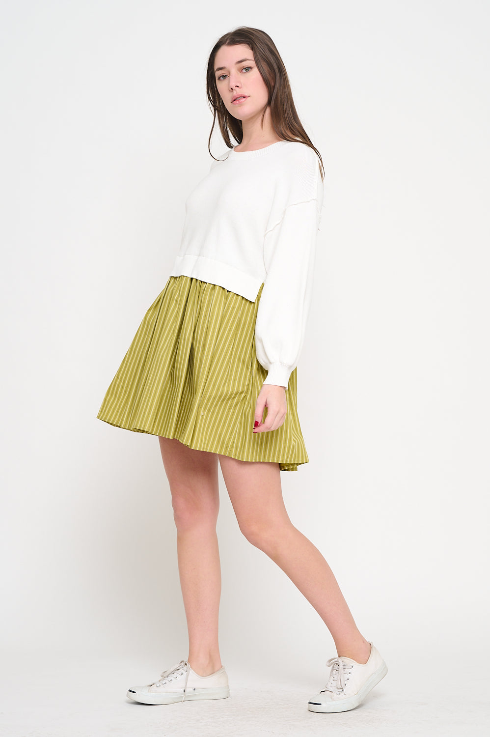 Olive Stripe Poplin Two-Fer Dress