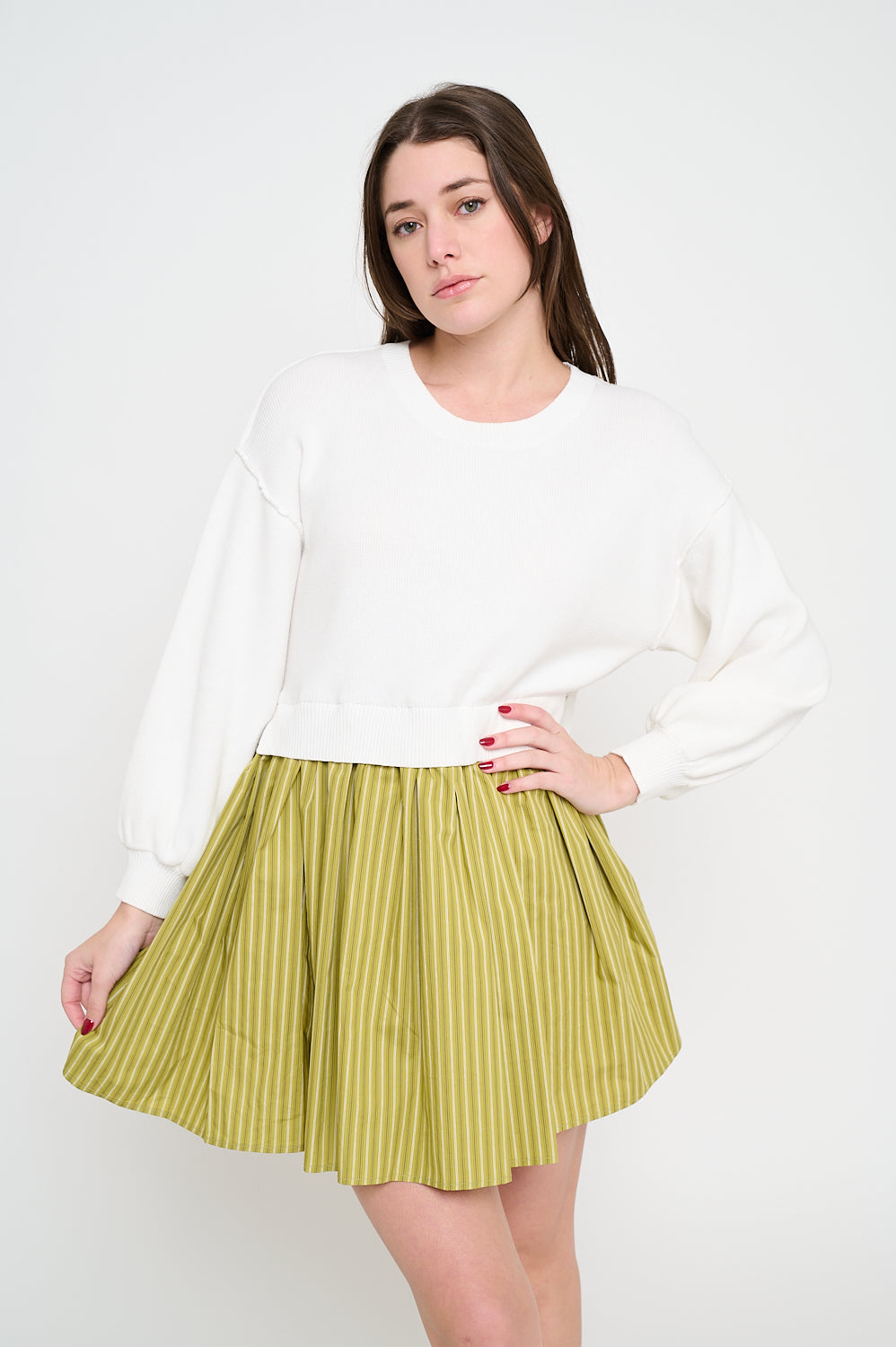 Olive Stripe Poplin Two-Fer Dress