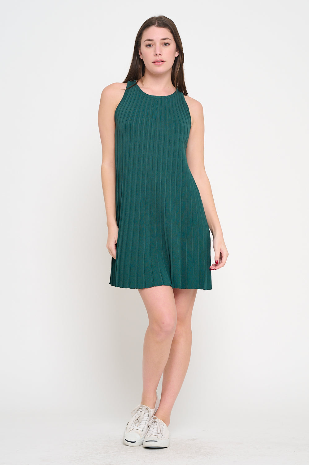 Sweater Rib Short Dress with high neckline, sleeveless cut, and mini A-line silhouette in ribbed knit fabric.
