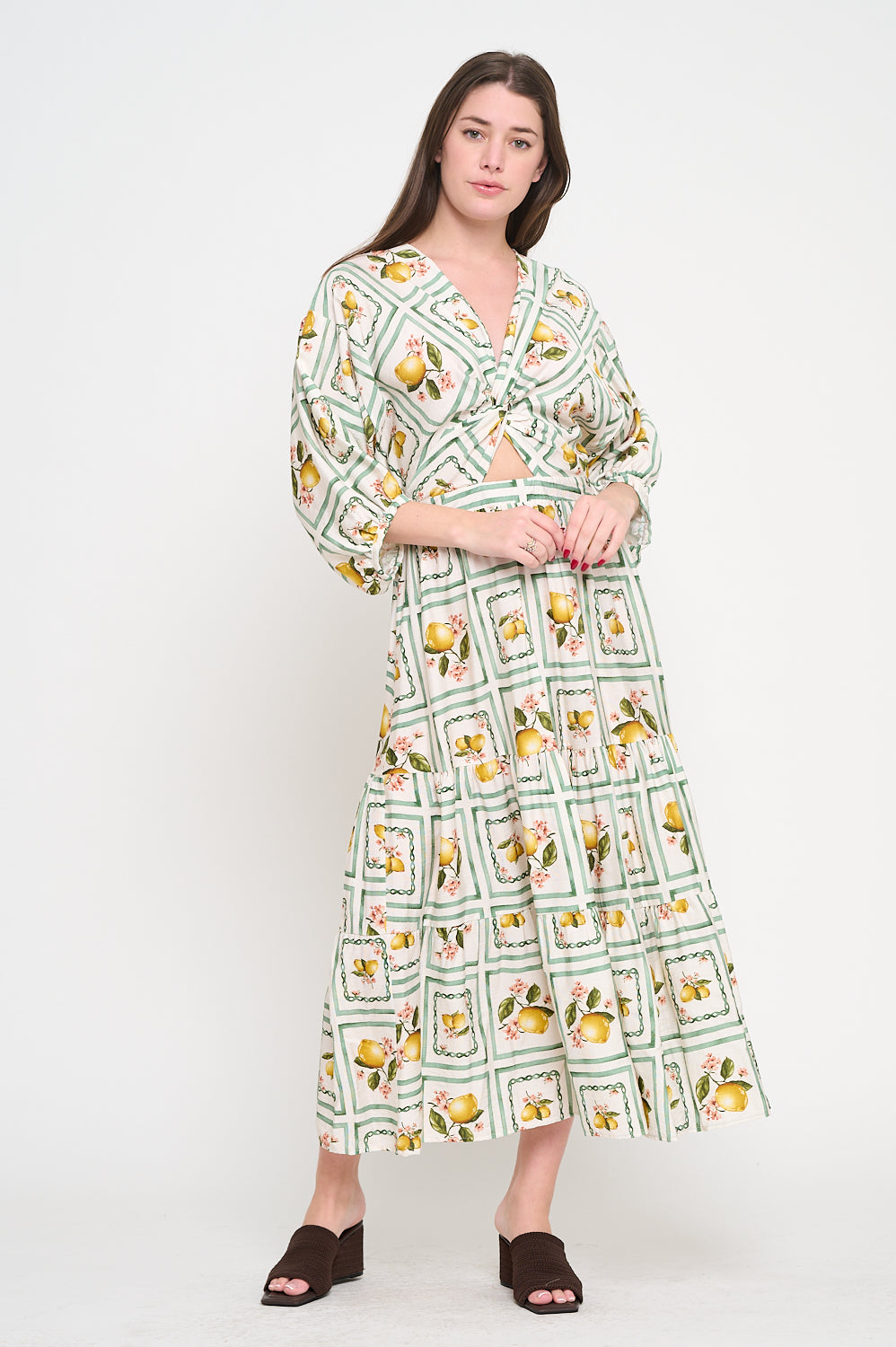 Lemon Grove Delight 3/4 Sleeve Maxi Dress