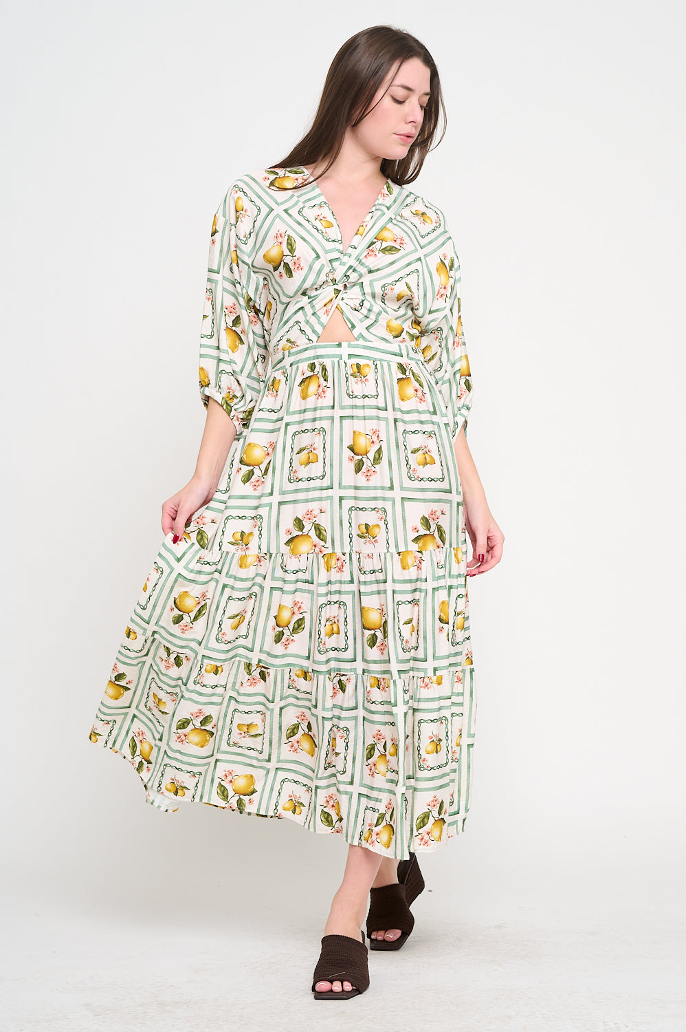 Lemon Grove Delight 3/4 Sleeve Maxi Dress