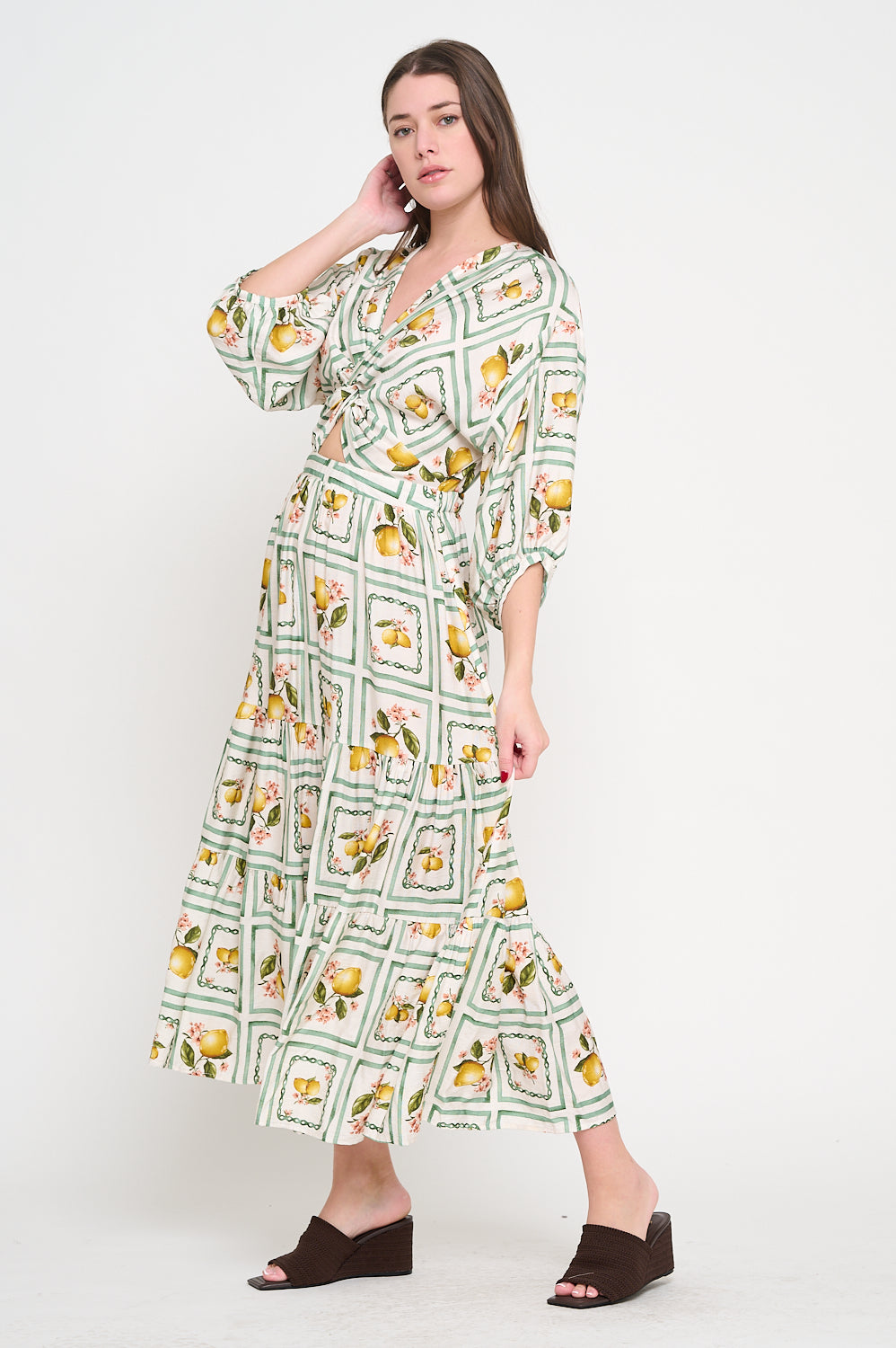 Lemon Grove Delight 3/4 Sleeve Maxi Dress