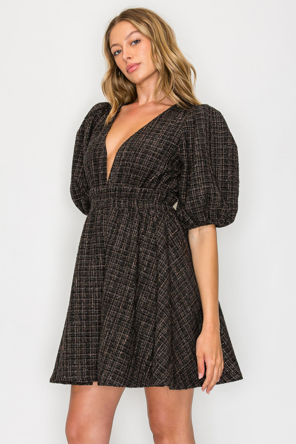 Ebony Tweed Puff Sleeve Dress