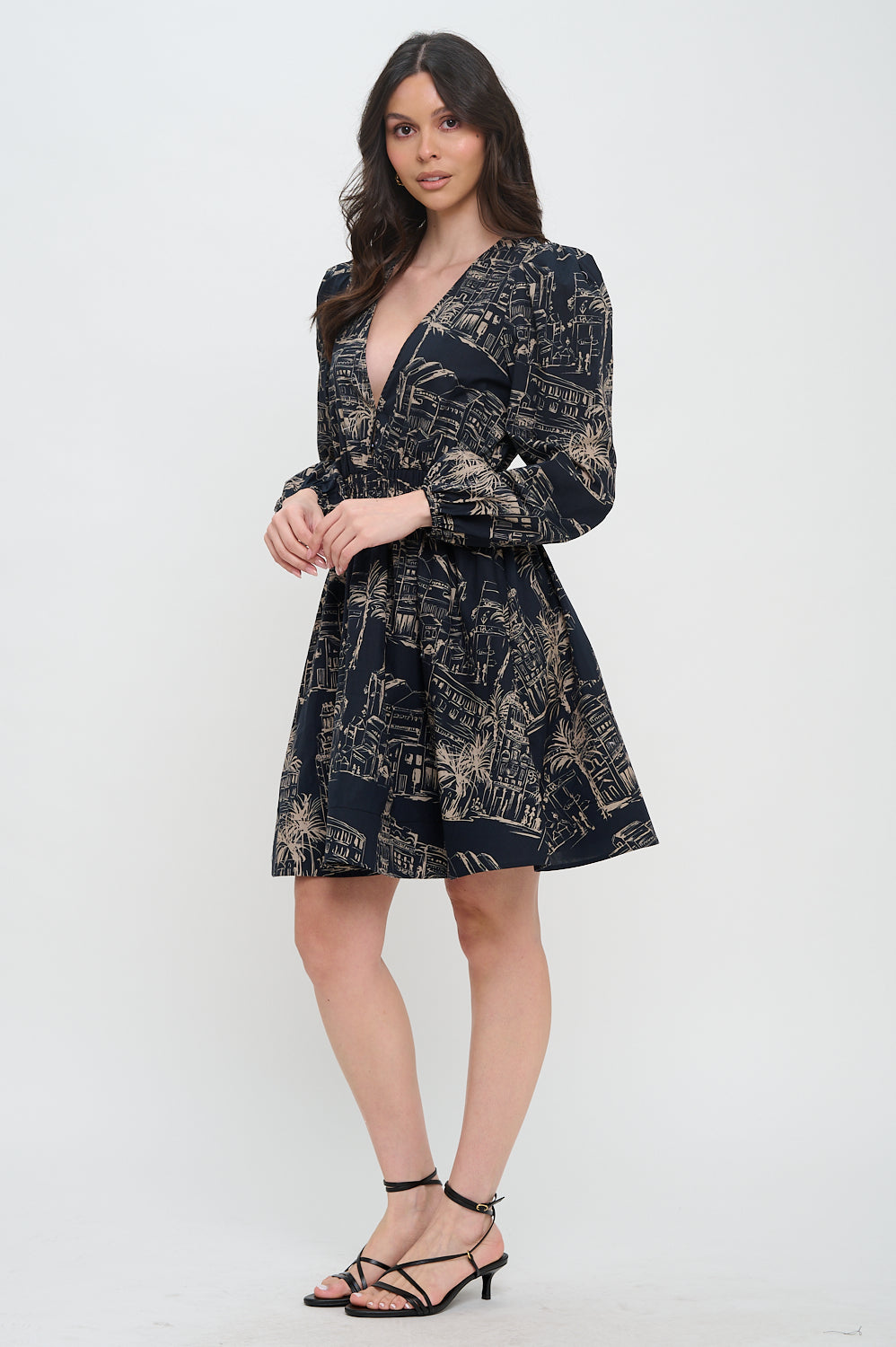 Santorini Midnight Sketch Lonng Sleeve Short Dress