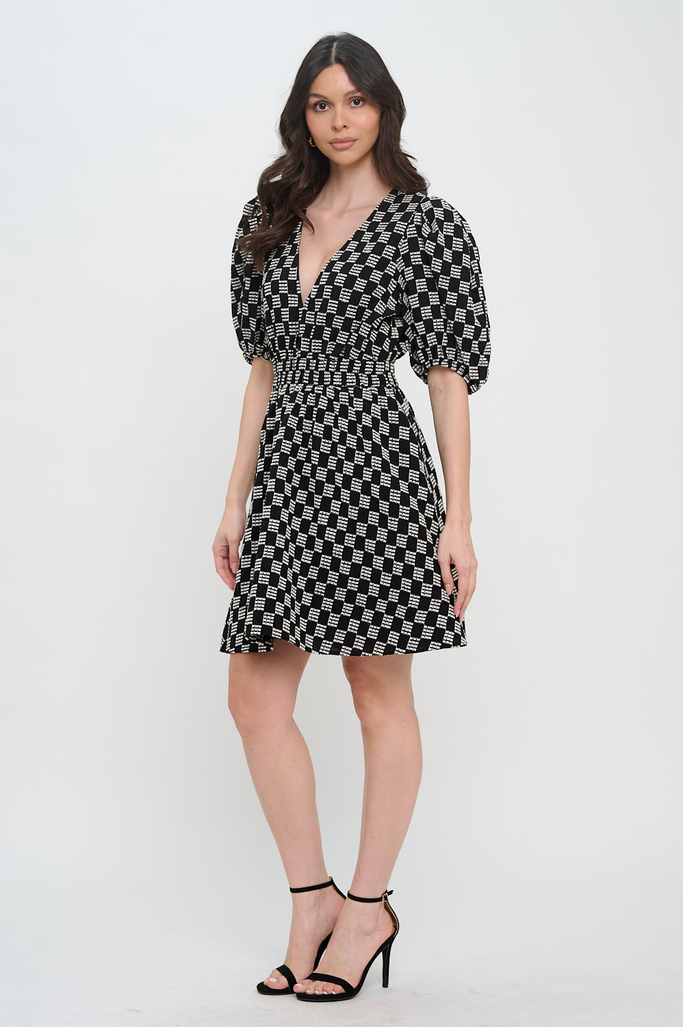 Midnight Weave Geometric Puff Sleeve Mini Dress