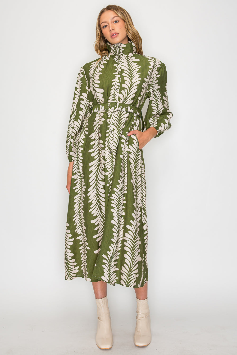 Leaf Cascade Botanical Print Belted Midi Dress