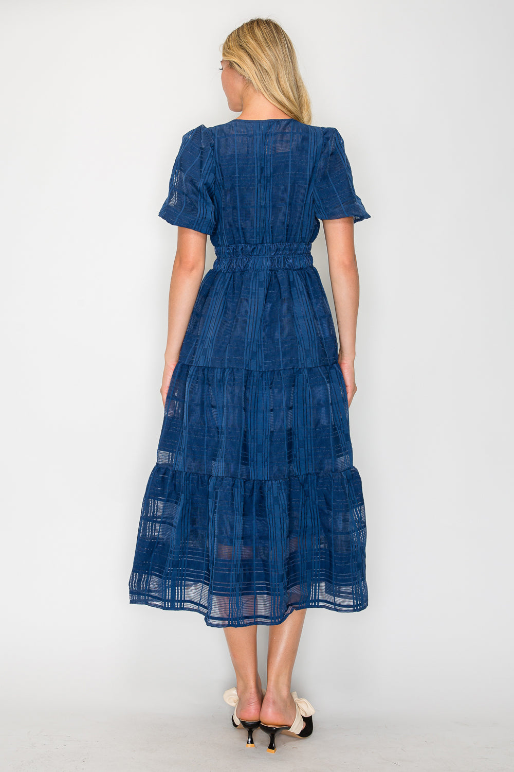 Windowpane Jacquard Puff Sleeve Midi Dress