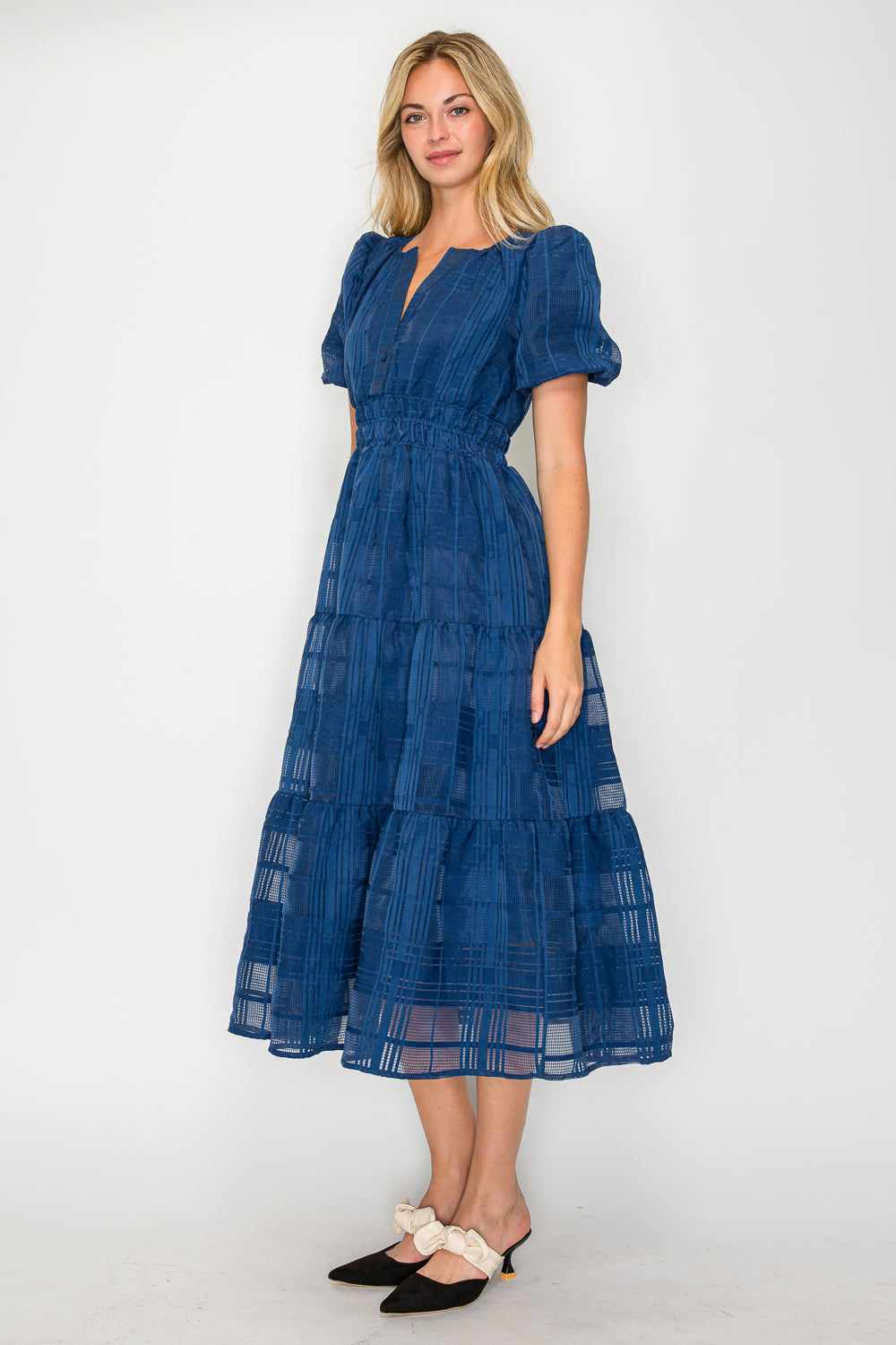 Windowpane Jacquard Puff Sleeve Midi Dress