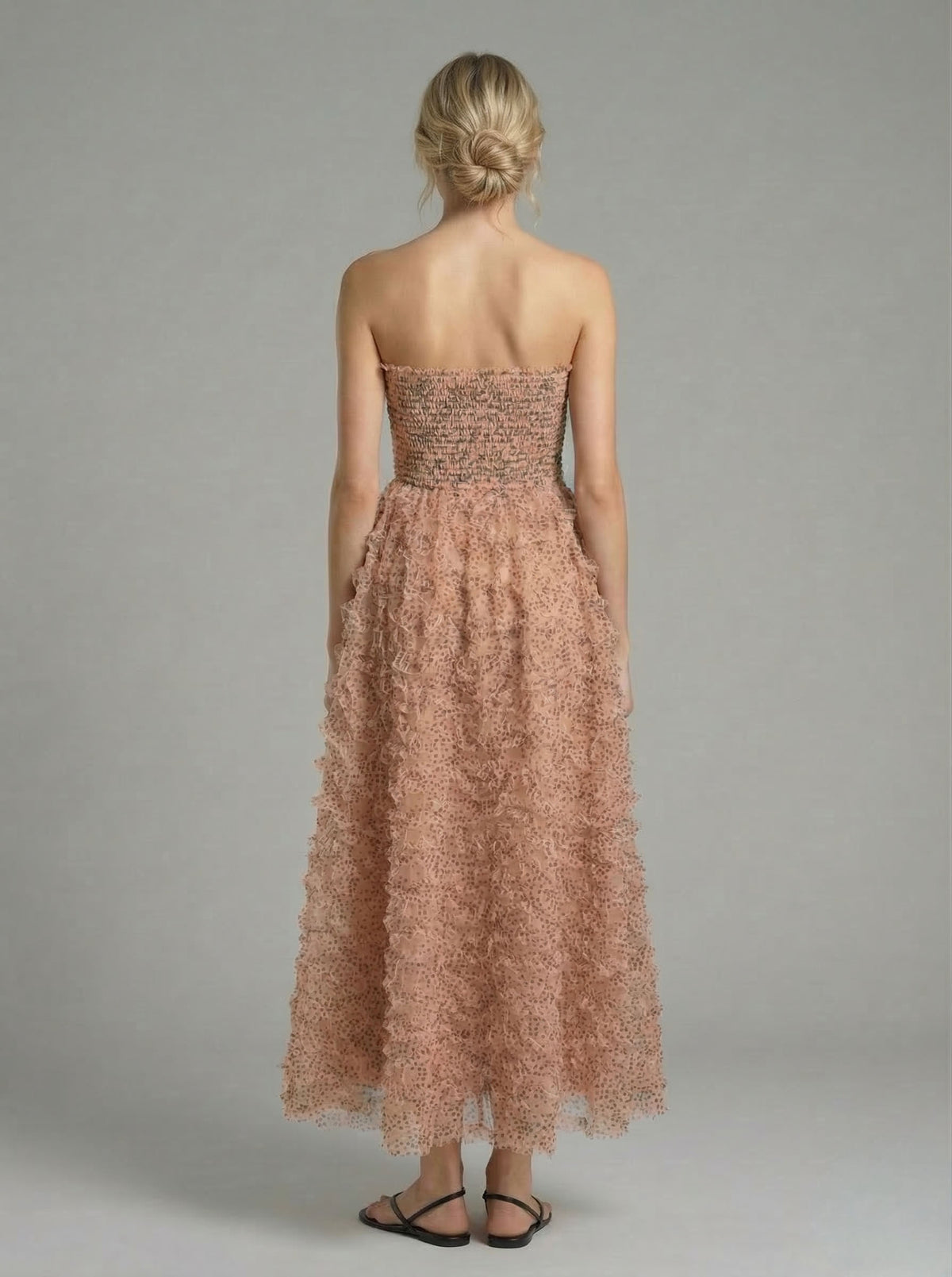 Blush Floral Textured Strapless Smocked Midi Dress