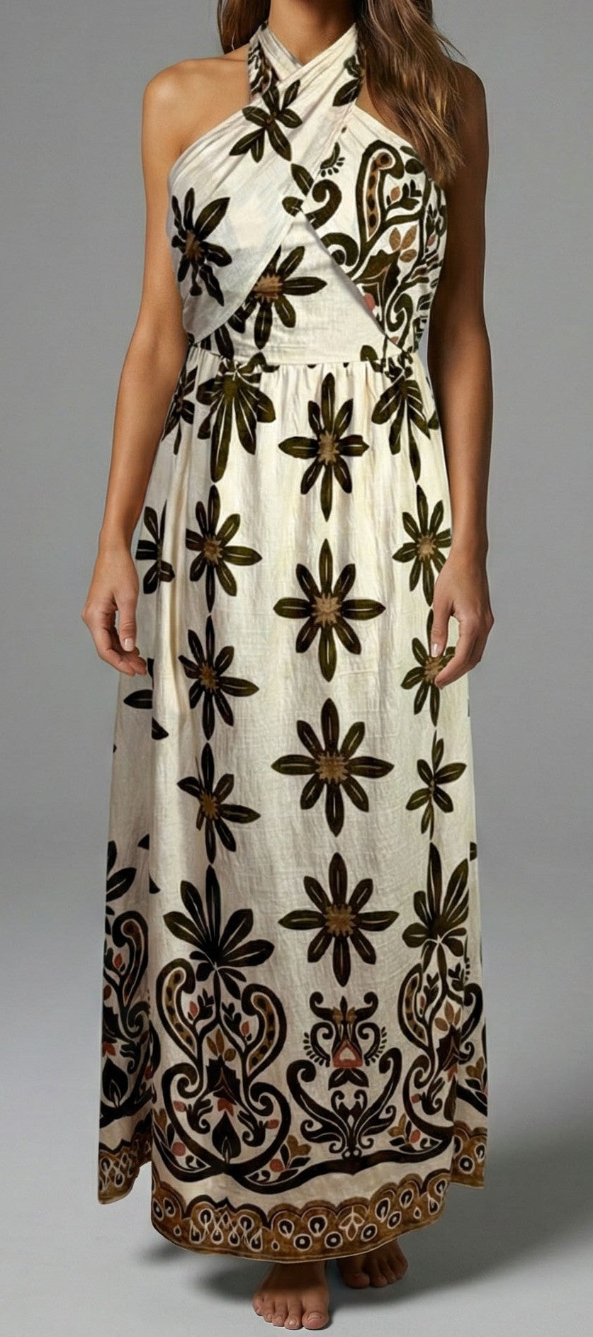 Olive Veil Floral Border Halter Maxi Dress