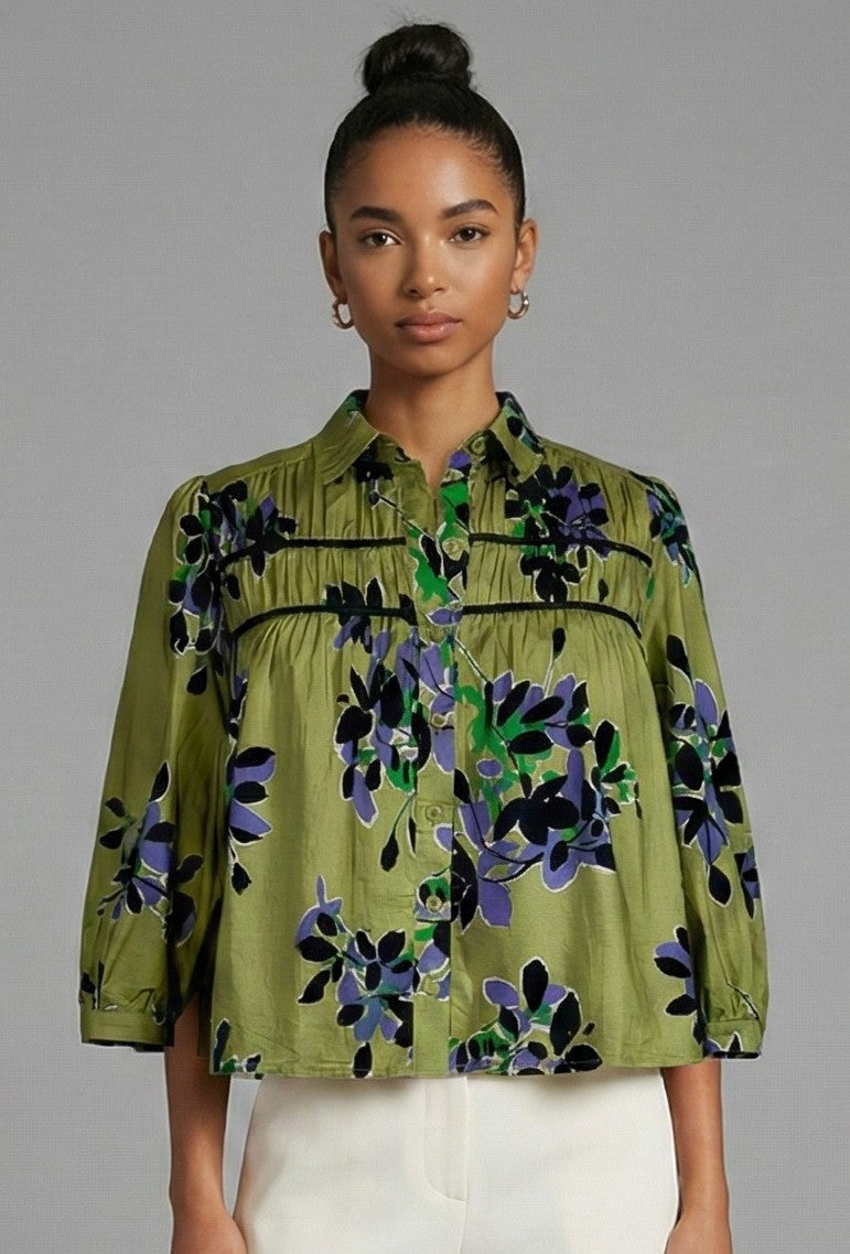 Olive Botanical Pintuck Button Front Blouse