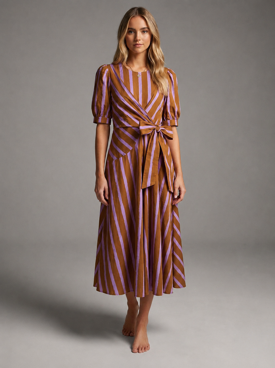 Abstract Stripe Wrap Midi Dress