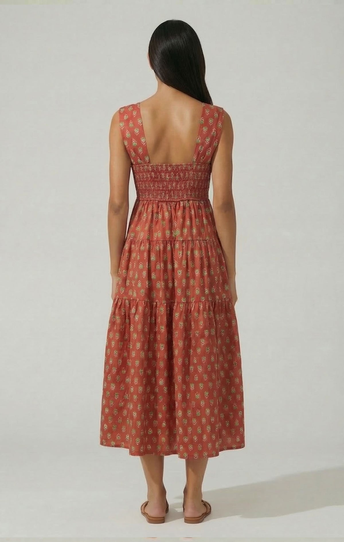 Rust Medallion Print Smocked Babydoll Midi Dress with Pockets