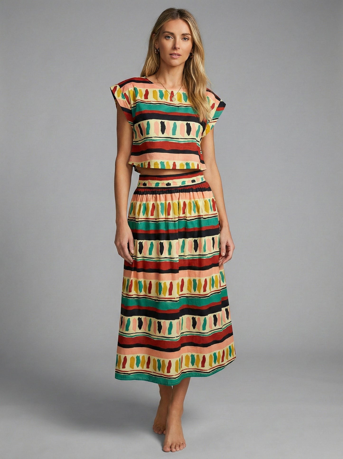 Bohemian Stripe Top & Midi Skirt Set