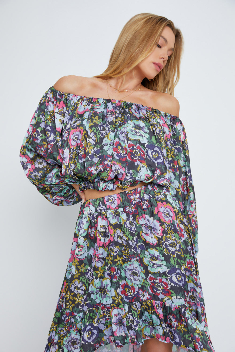 Dark Watercolor Floral Off Shoulder Set