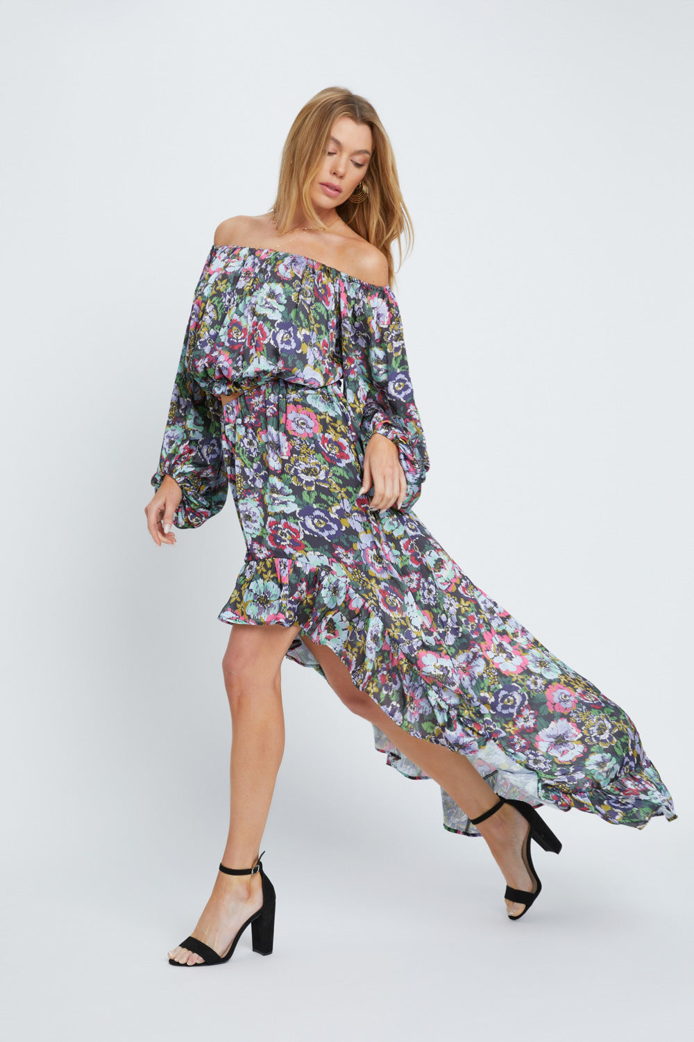 Dark Watercolor Floral Off Shoulder Set