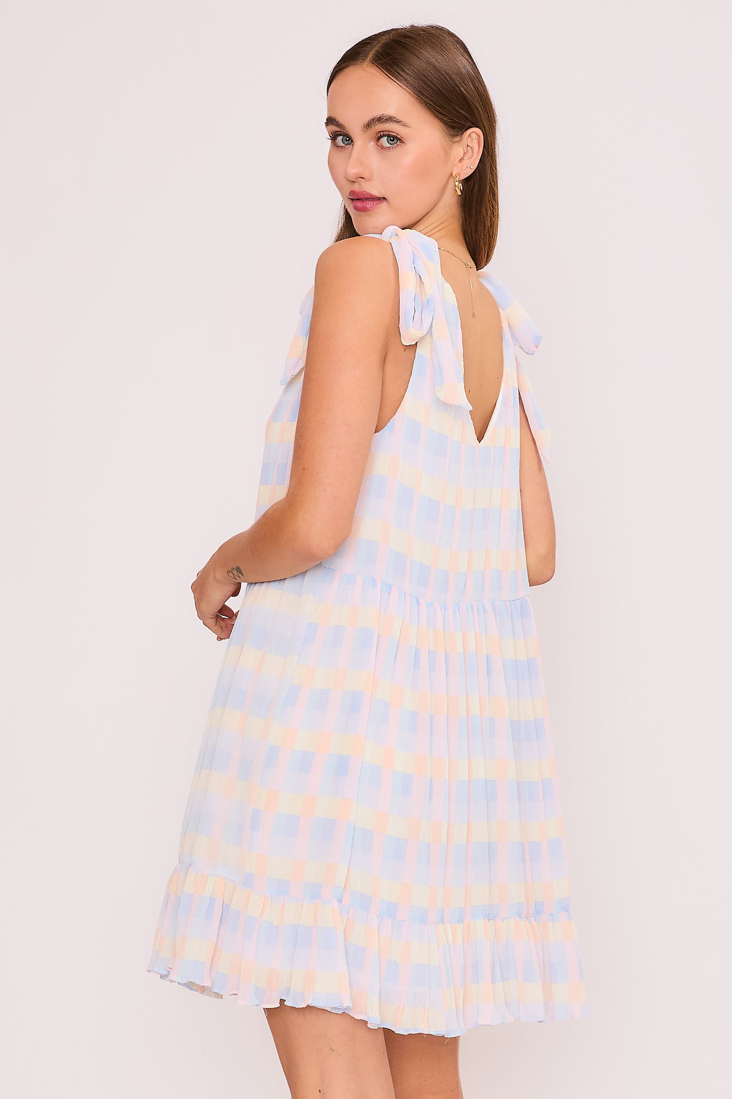 Pastel Check Daphne Dress, Pastel Check Daphne, women's dress, floral print, check print, resortwear style by Meet Me in Santorini