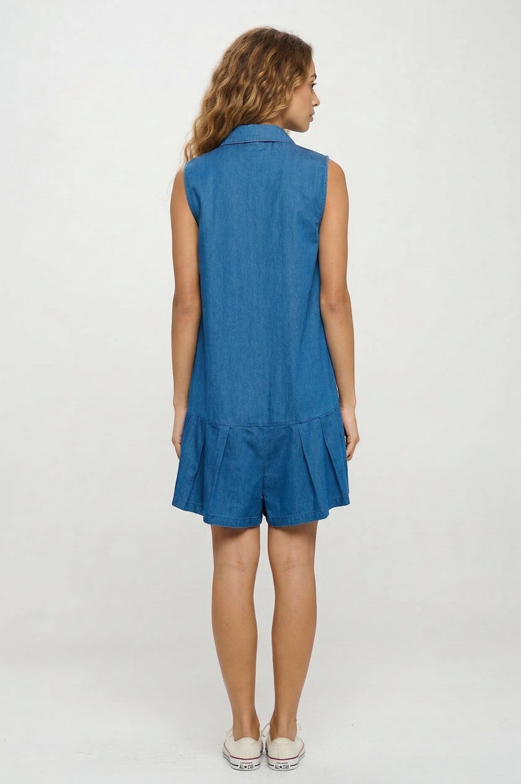 Azure Chambray Romper, Azure Chambray, women's dress, resortwear style, sleeveless silhouette, feminine boutique style by Meet Me in Santorini