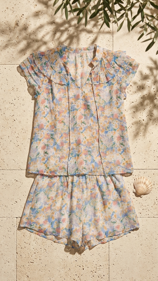 Blue Moon Set, Blue Moon, women's matching set, floral print, resortwear style, feminine boutique style by Meet Me in Santorini
