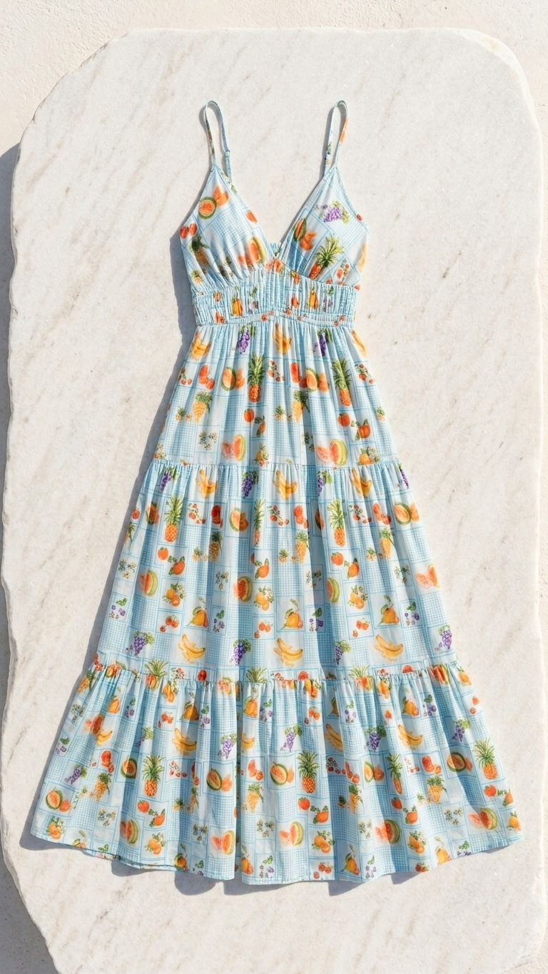 Flat lay of the Summer Grove Maxi Dress, a light blue gingham maxi dress featuring a colorful tropical fruit print, V-neck, and smocked waist on a white stone background.