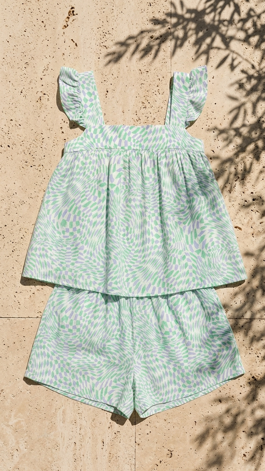 Crete Green Set, Crete Green, women's matching set, check print, resortwear style, feminine boutique style by Meet Me in Santorini