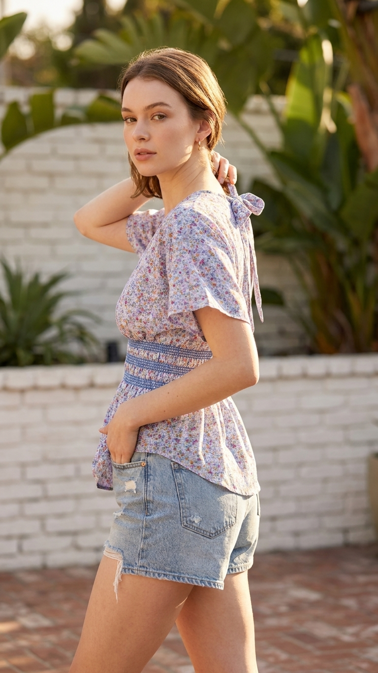 Blue Ditsy Paige Top, Blue Ditsy, women's top, floral print, resortwear style, smocked detail by Meet Me in Santorini