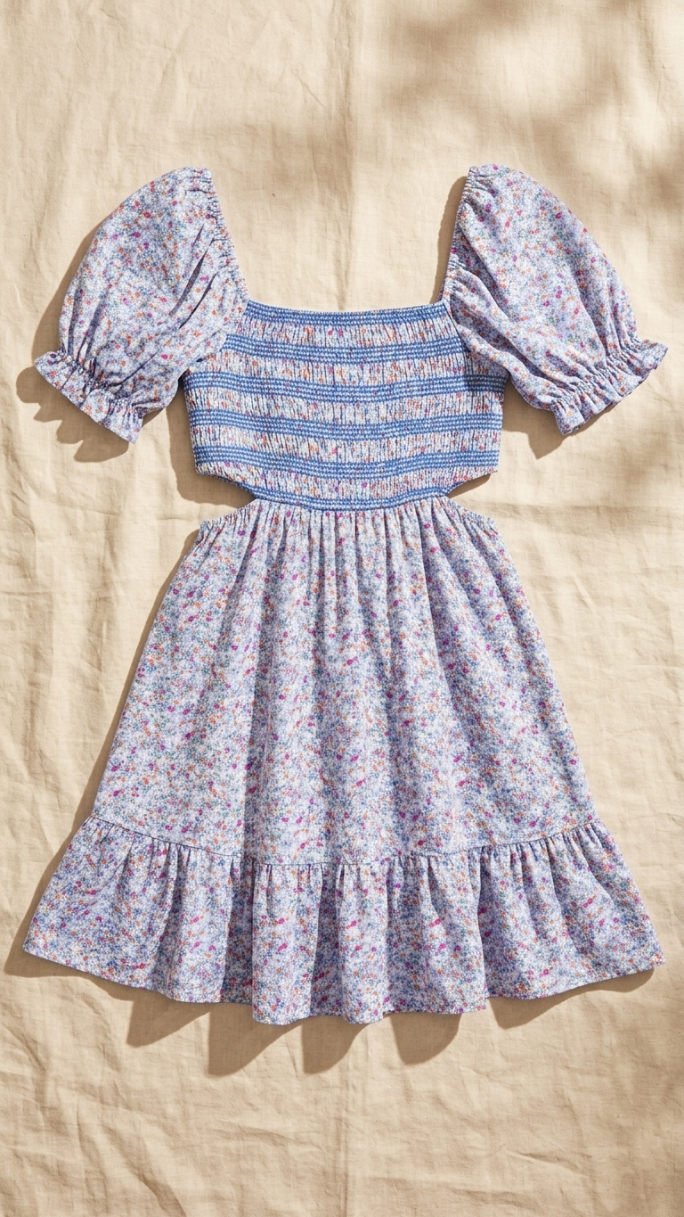 Blue Ditsy Ariel Dress, Blue Ditsy, women's mini dress, floral print, abstract print, resortwear style by Meet Me in Santorini