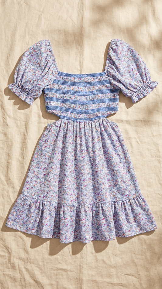 Blue Ditsy Ariel Dress, Blue Ditsy, women's mini dress, floral print, abstract print, resortwear style by Meet Me in Santorini