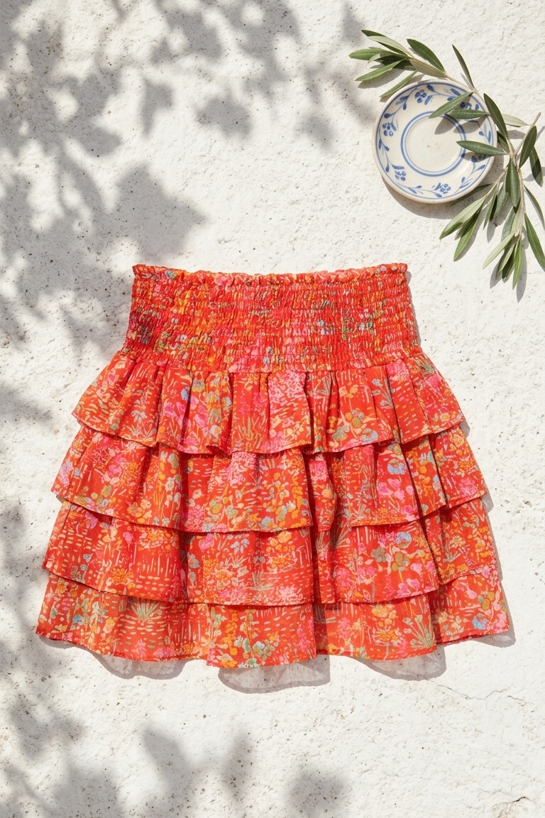 Red Ditsy Chloe Skirt, Red Ditsy Chloe, women's skirt, floral print, resortwear style, feminine boutique style by Meet Me in Santorini