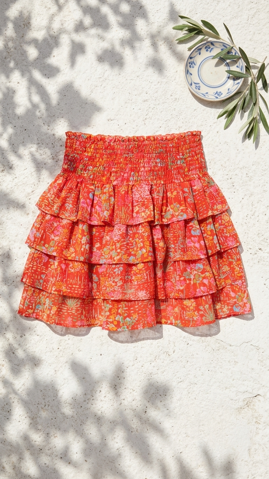 Red Ditsy Chloe Skirt, Red Ditsy Chloe, women's skirt, floral print, resortwear style, feminine boutique style by Meet Me in Santorini