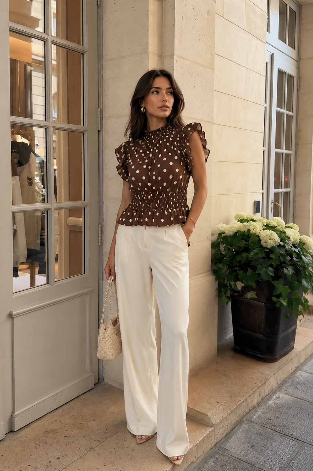 Chestnut Polka Dot Smocked Peplum Blouse